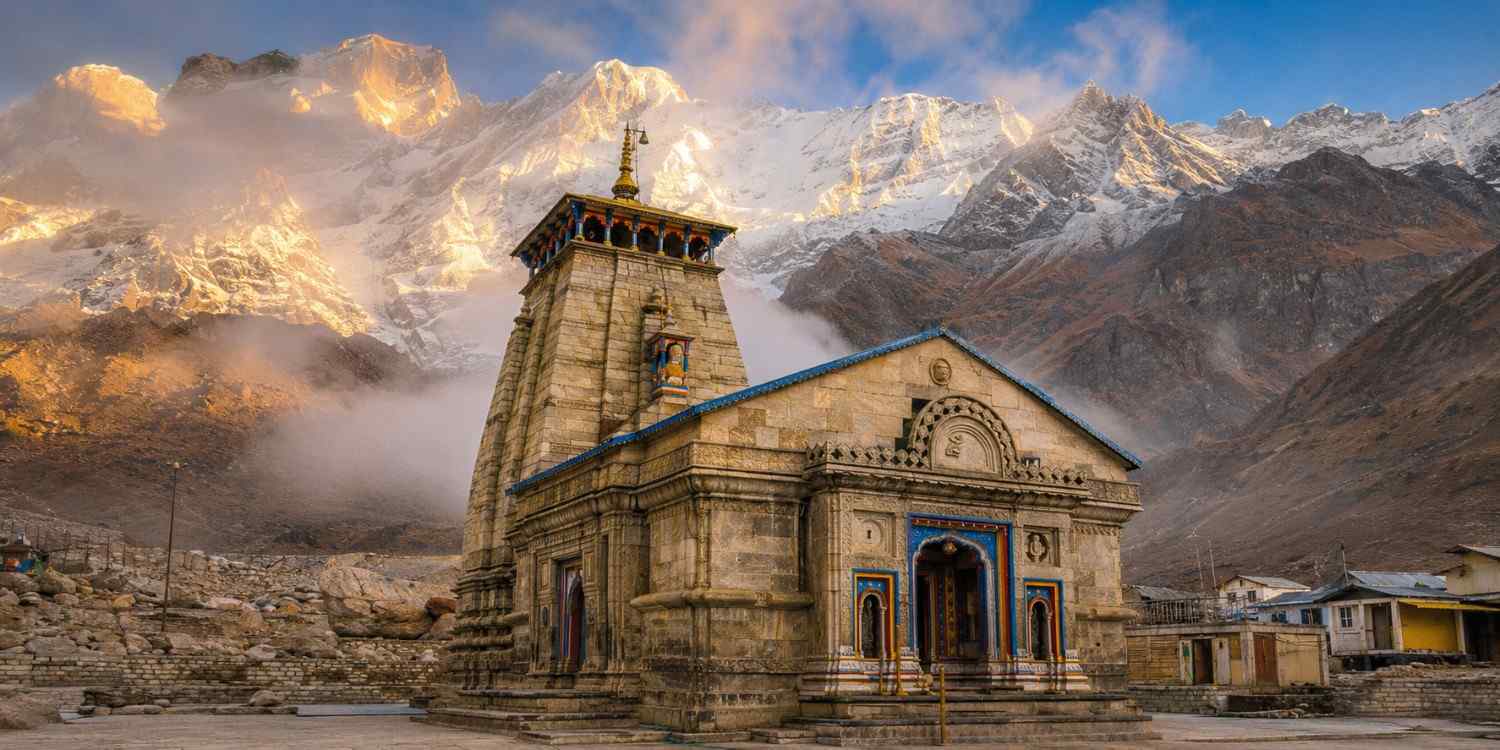 Best Time to Visit Kedarnath with temple and snow-covered Himalayan peaks