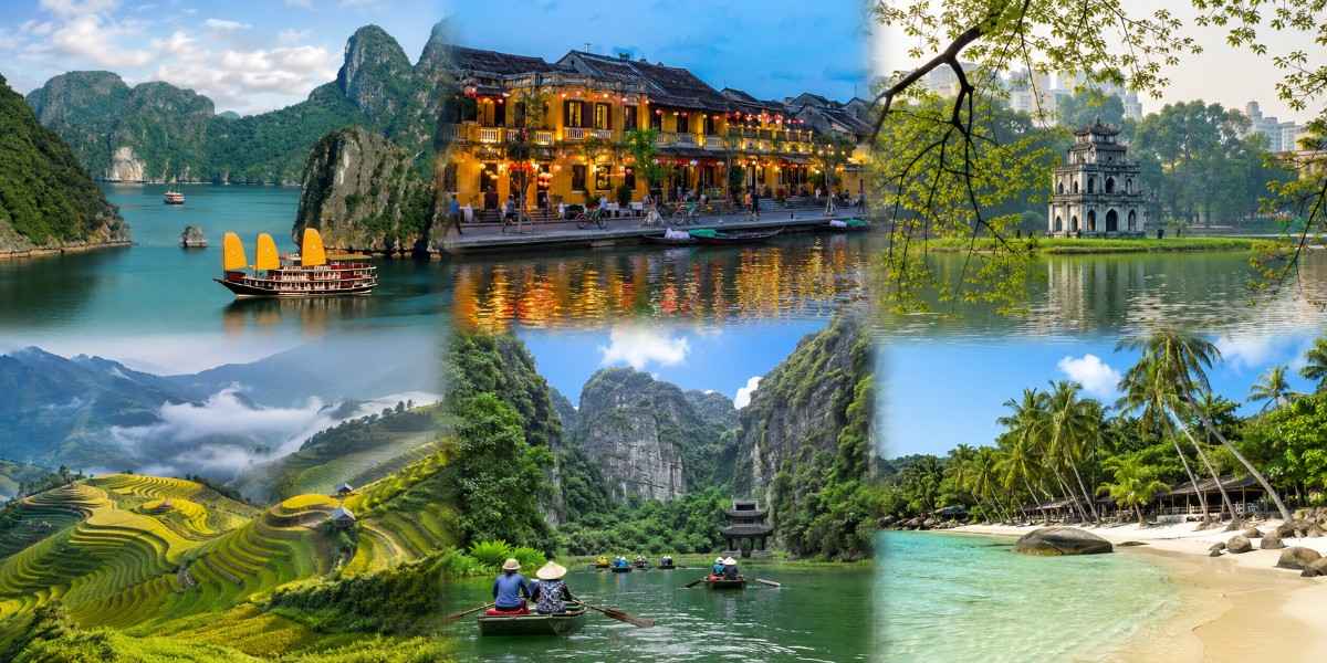 Vietnam best time to visit collage featuring Ha Long Bay, Hoi An, Hanoi, Sapa, Ninh Binh, and a tropical beach.