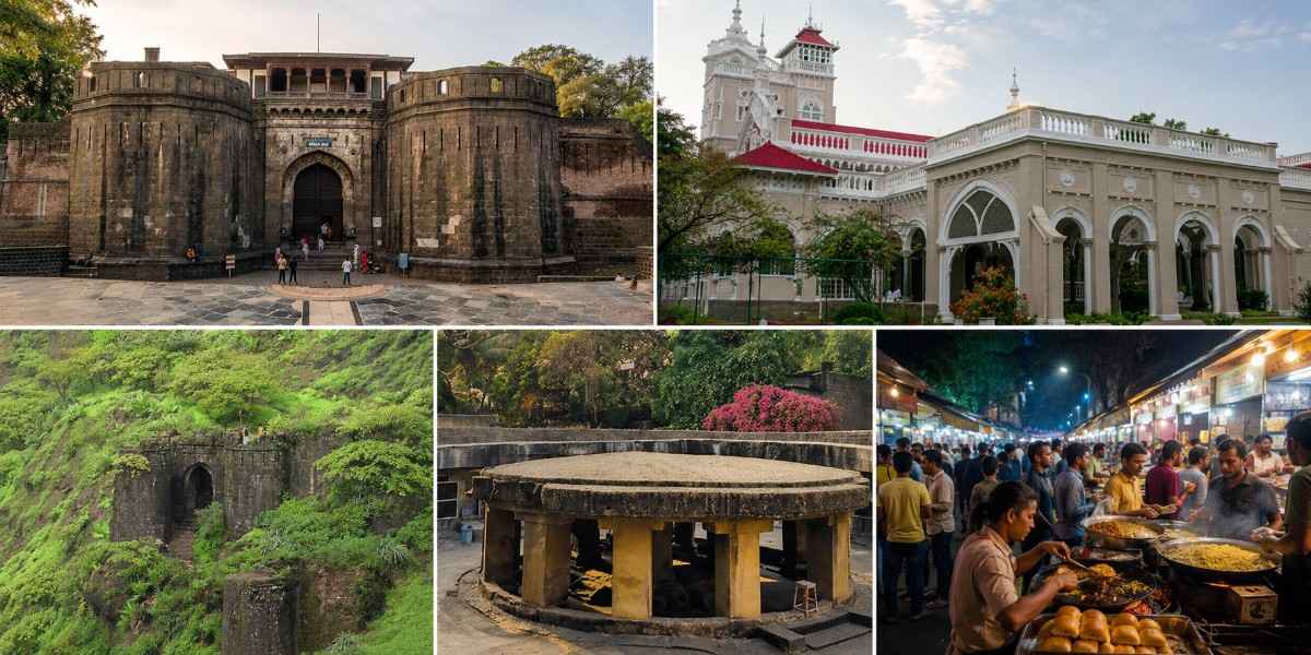 Top Things to Do in Pune travel collage with forts and food streets